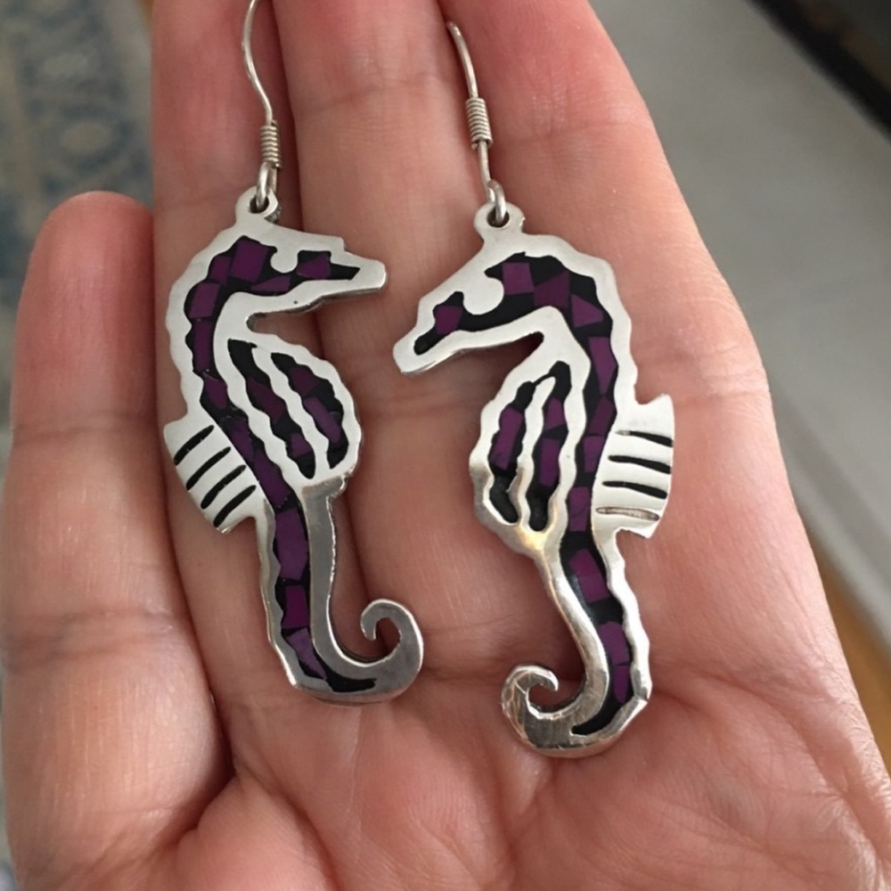 Solid Sterling Silver Inlaid Sugilite Seahorse Ho… - image 1